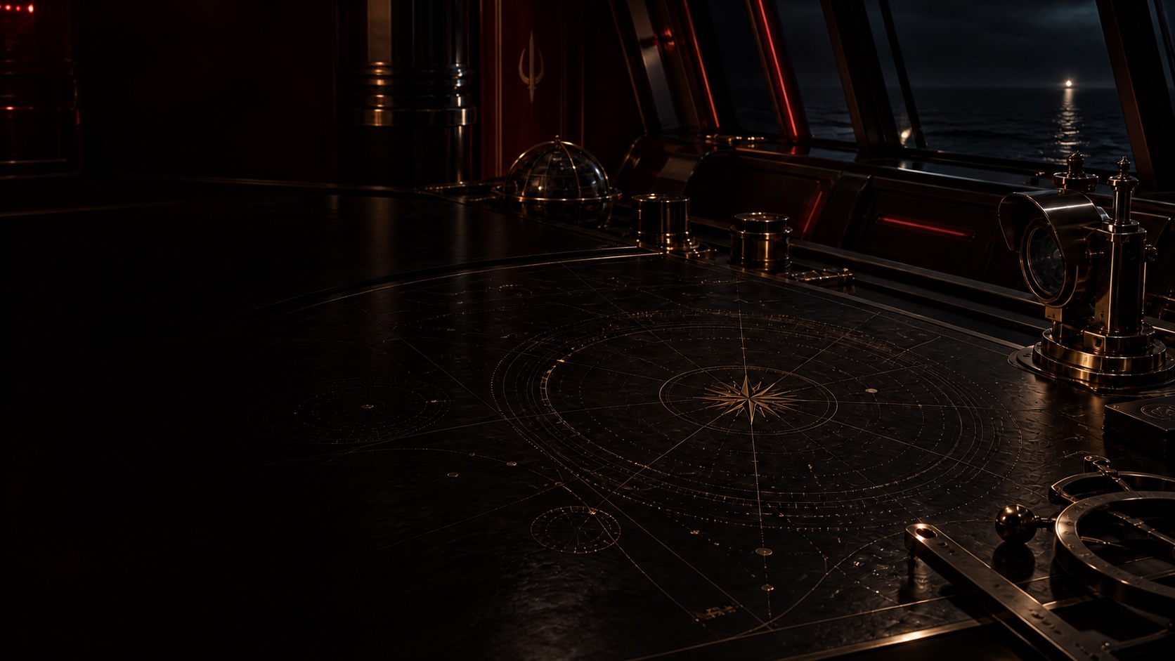An unlit brass lantern on a ship’s navigation table. A distant light shines through the window.