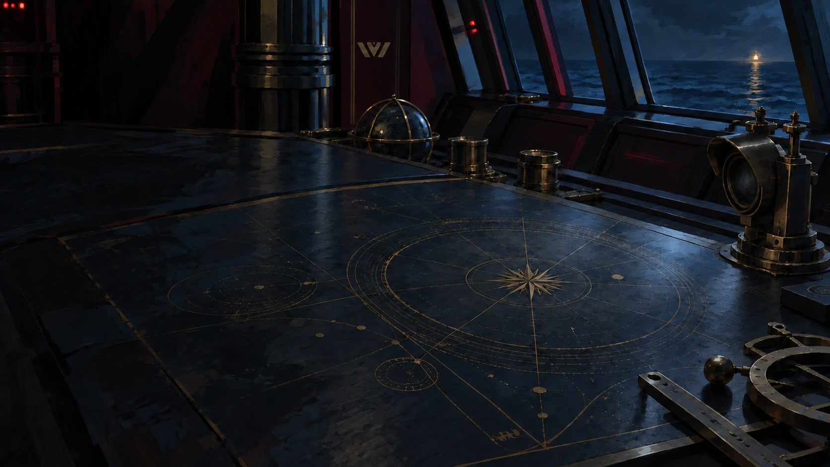 An unlit brass lantern on a ship’s navigation table. A distant light shines through the window.